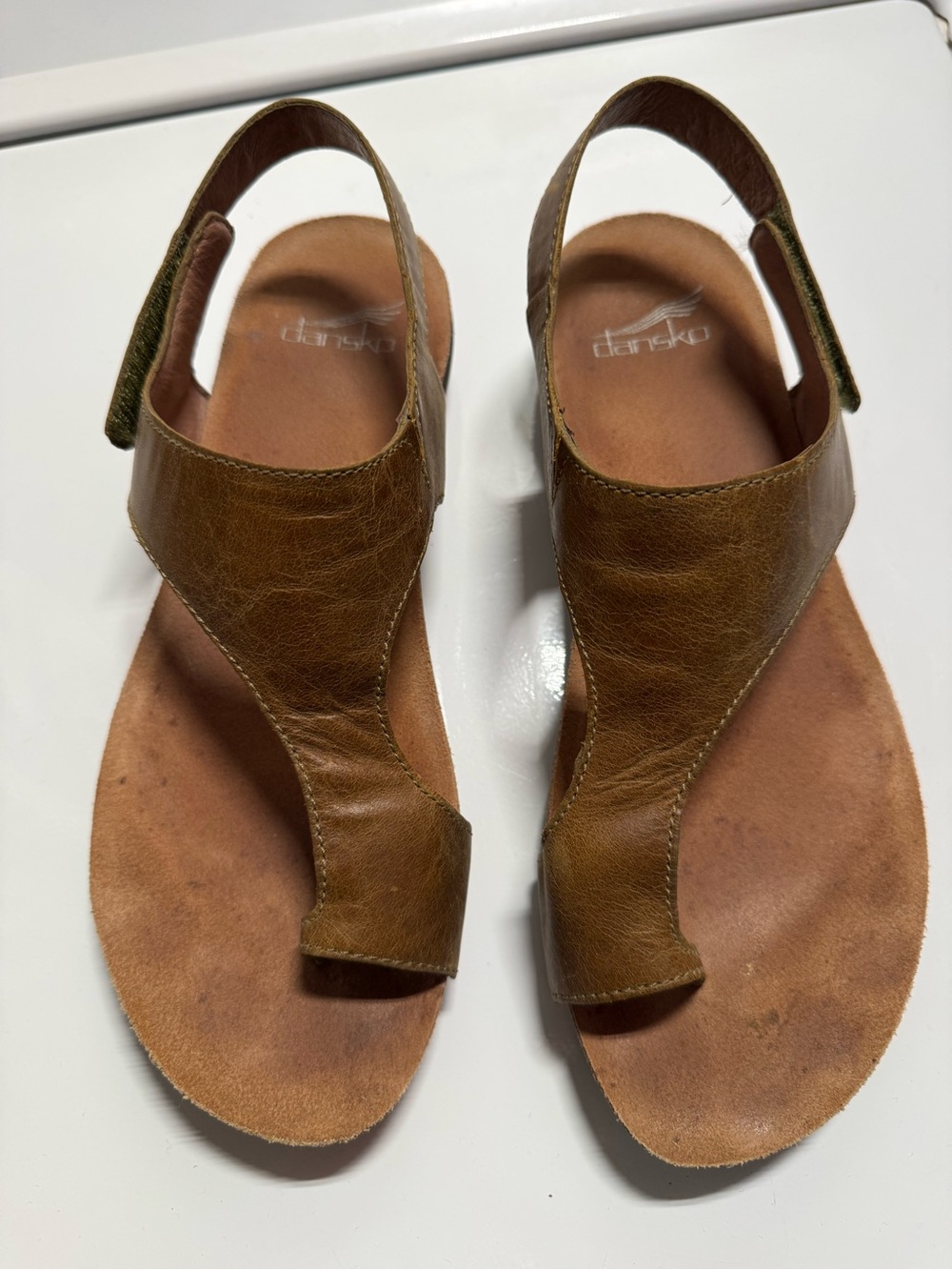 Dansko Greenish Brown Leather Toe-Loop Slingback Sandals